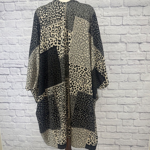 JODIFL Patchwork Leopard Print Kimono Cardigan Duster Black Beige‎ One Size - Picture 3 of 8